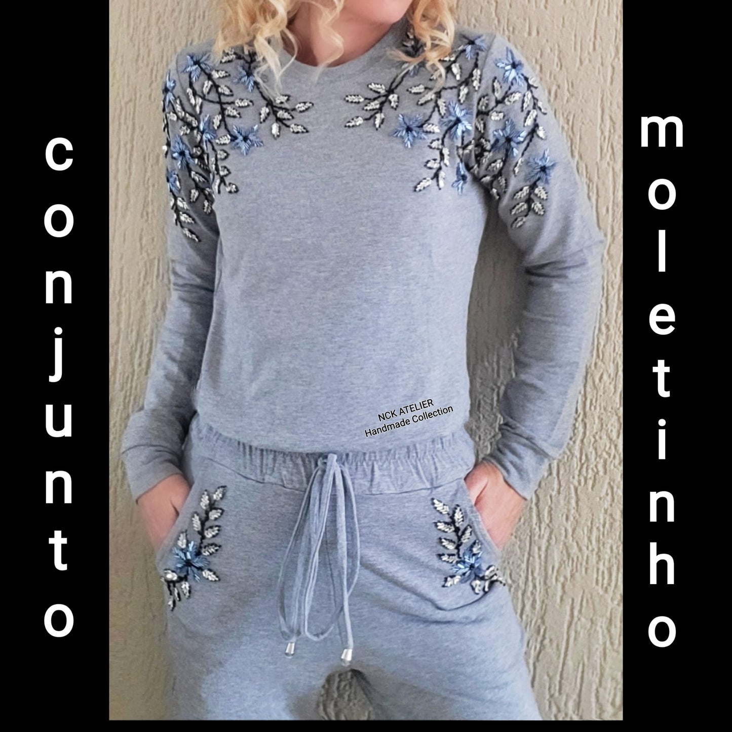 Conjunto moletinho cinza bordado