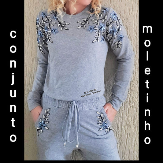 Conjunto moletinho cinza bordado